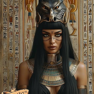 Peut inclure: Une femme vêtue d'un costume noir et or avec une coiffe de chacal. Le costume comprend un grand collier en or avec des accents bleus. L'arrière-plan est un mur avec des hiéroglyphes. Le texte "Nephthys" est écrit sur un parchemin dans le coin inférieur gauche de l'image.