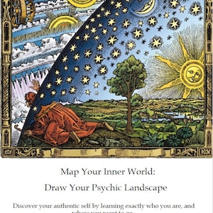 May include: A vibrant illustration with a celestial theme. The image features a figure in a red robe, a tree, sun, moon, and stars. Text at the bottom reads "Map Your Inner World: Draw Your Psychic Landscape."