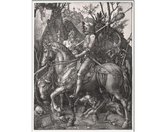 Riddaren, döden och djävulen av Albrecht Dürer (1513-14), Väggdekor, Rullade tryck, Medeltida konstdekor, Renässansträsnittsaffisch,