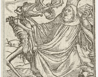 May include: A black and white woodcut print showing a skeletal figure holding a scythe and an hourglass, standing behind a cloaked figure. The cloaked figure is looking up in fear, with their hands raised in a gesture of surrender.