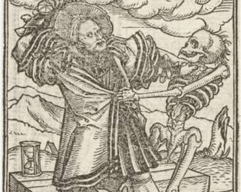May include: A monochrome woodcut print showing a man in period attire battling a skeleton with a sword. The background features a landscape, clouds, and an hourglass.