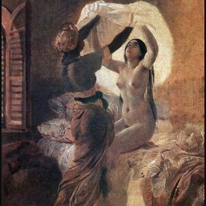 May include: An oil painting depicts two figures in a bedroom setting. One figure, dressed in draped clothing, holds up a white sheet. The other figure, nude, sits on a bed. The scene is illuminated by soft light, creating a warm, intimate atmosphere.