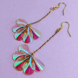 Iridescent Vinyl Single Flower Dangle Earrings: lightweight, multiple color options, pierced or clip-on