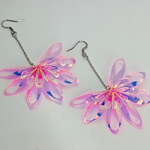 Iridescent Vinyl Flower Earrings with Cutout details: lightweight, multiple color options, pierced or clip-on
