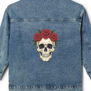 Edgy Floral Skull Women&#39;s Denim Jacket, Stylish Layering Piece, Alternative Fashion, Casual Dress-up, Unique Gift for Her
