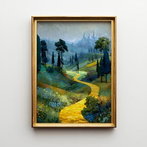May include: A framed landscape painting depicts a winding yellow brick road through a vibrant green valley. Tall, dark trees line the path, leading to a distant castle under a cloudy sky. The artwork is encased in a gold frame.