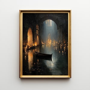 May include: A framed painting depicts a dark, arched waterway scene. A small boat floats on the water, reflecting the warm glow of numerous lights. The painting has a gold frame and is set against a white background.