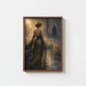 May include: A framed art print depicts a woman in an olive green gown walking through a forest. The artwork features a dark figure in the background and a stream with colorful flowers. The print is in a brown wooden frame.