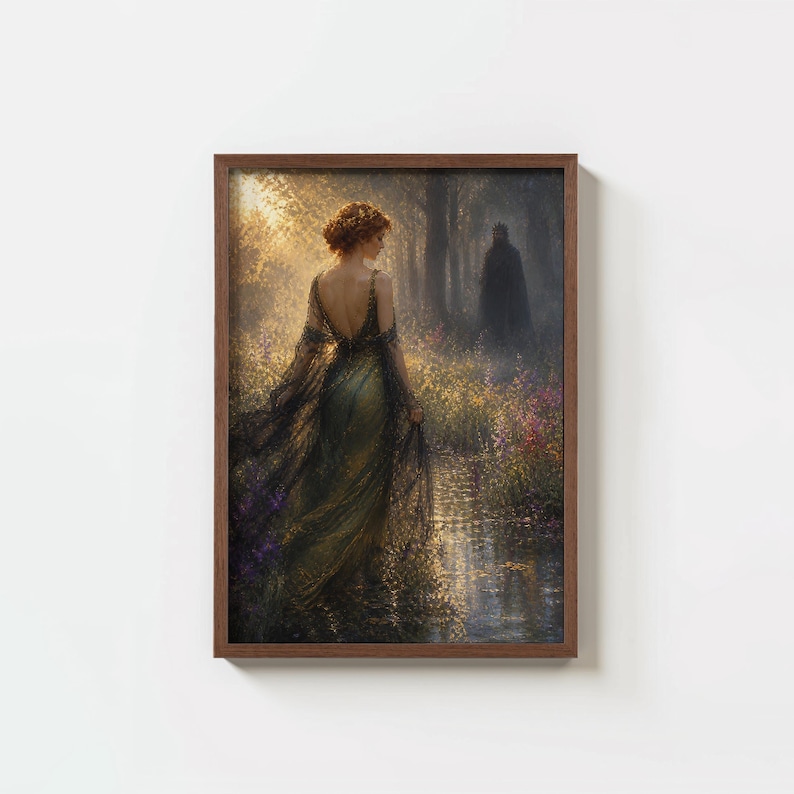 May include: A framed art print depicts a woman in an olive green gown walking through a forest. The artwork features a dark figure in the background and a stream with colorful flowers. The print is in a brown wooden frame.