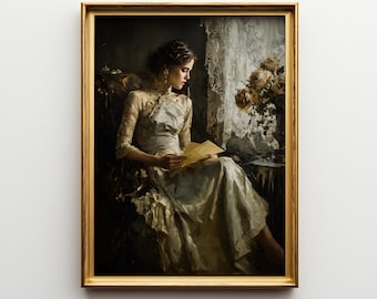 The Letter Unread, Portrait of a Lady Oil Painting, Dark Academia Literary Wall Art, Victorian Fine Art Print, Gift for Book Lovers