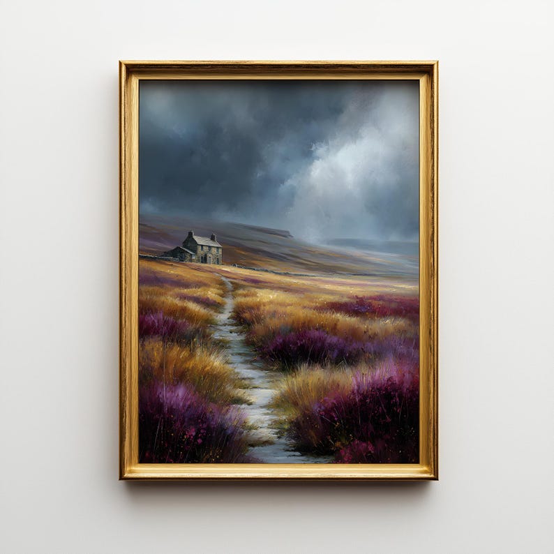 Oil painting print of a lonely stone cottage nestled on a vast, rolling hillside under a dramatic and heavy grey storm sky. A narrow, winding dirt path leads through a wild landscape of golden-brown grasses and patches of vibrant purple heather, capturing the moody and desolate atmosphere of the Yorkshire Moors, inspired by Emily Brontë’s Wuthering Heights.