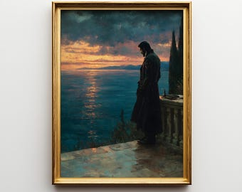 The Count of Monte Cristo Oil Painting, Dumas Mediterranean Wall Decor, Romantic Twilight Scene, Framed Fine Art Gift for Book Lovers