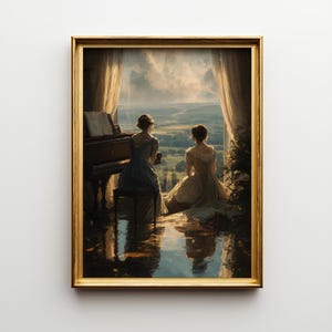 May include: A framed painting depicts two women in elegant dresses, one at a piano, the other gazing out a window. The scene is set in a room with a view of a landscape, with a gold frame.