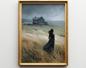 May include: A framed painting shows a woman in a black dress in a field of tall grass, with a house on a hill in the background under a stormy sky. The gold frame surrounds the artwork. The house has lit windows.