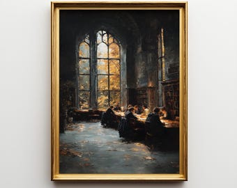 Jesienni uczeni, obraz olejny inspirowany tajną historią, ścienna grafika z biblioteki Dark Academia, wydruk artystyczny o tematyce literackiej, prezent dla miłośników książek