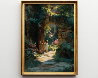 The Secret Garden Gate, Literary Oil Painting, Cottagecore Fine Art Print, Enchanted Floral Wall Art Poster, Gift for Book Lovers