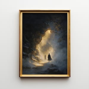 Oil painting print inspired by the Greek myth of Orpheus and Eurydice, showing two figures walking out of a dark, misty cave toward a bright light.