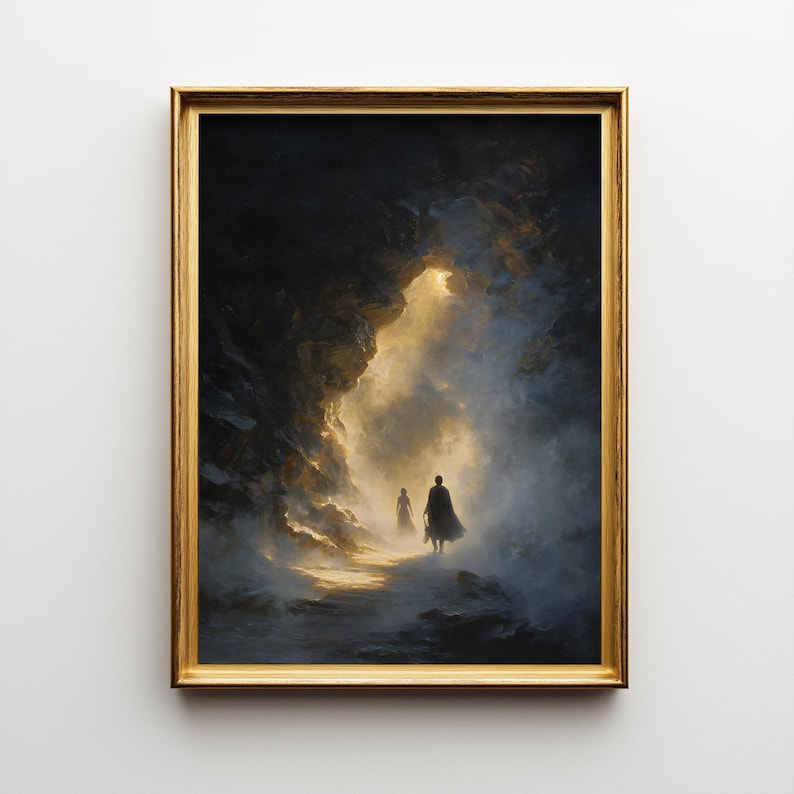 Oil painting print inspired by the Greek myth of Orpheus and Eurydice, showing two figures walking out of a dark, misty cave toward a bright light.