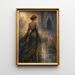 A hauntingly beautiful oil painting depicting Persephone in a shimmering green and black gown, walking through a meadow of wildflowers toward a dark, shadowed figure of Hades in the misty woods. The scene is bathed in a golden, ethereal light with rich, textured impasto brushwork. Displayed in an elegant gold frame, this Greek mythology wall art captures a romantic literary moment, making it a perfect dark academia gift for book lovers.