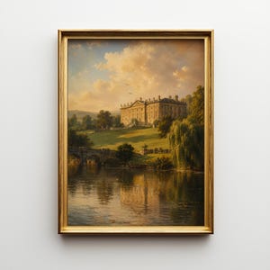 May include: A framed landscape painting depicts a grand estate with a bridge over a river. The artwork features a large building on a grassy hill, with trees and a cloudy sky. The frame is gold.