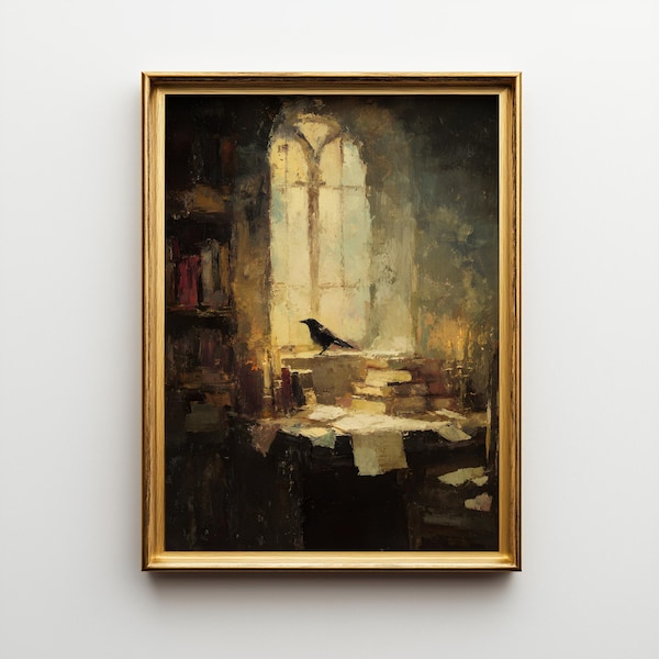 La Vigilia del Cuervo, pintura al óleo de Edgar Allan Poe, arte mural gótico de Dark Academia, impresión literaria, regalo para amantes de los libros