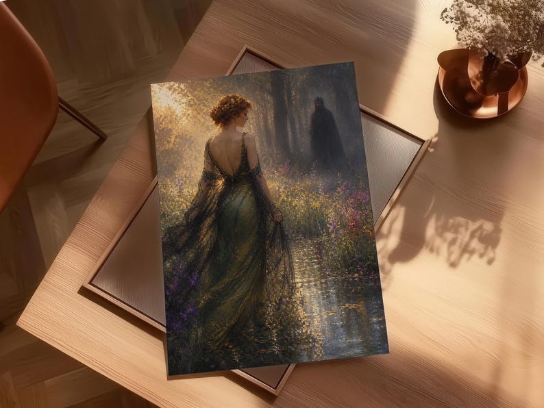 May include: An art print featuring a woman in a flowing green dress, standing in a sunlit forest clearing. A dark figure is in the background. The artwork has a romantic, ethereal quality, with soft colors and detailed brushstrokes.