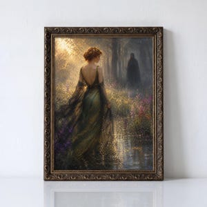 May include: Framed artwork depicting a woman in a flowing green gown walking through a sunlit forest. The painting features a dark figure in the background and a detailed, ornate brown frame. The scene evokes a sense of mystery and fantasy.