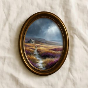 May include: An oval-shaped, gold-colored framed painting depicts a landscape with a small house on a hill. The foreground features a path through fields of yellow and purple flowers under a cloudy sky.