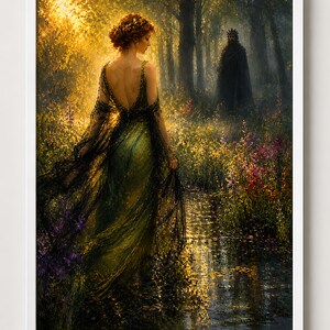 May include: A framed art print depicts a woman in a flowing green gown walking through a sunlit forest. The artwork features a dark figure in the background, with a stream and colorful flowers in the foreground. The style is reminiscent of a painting.