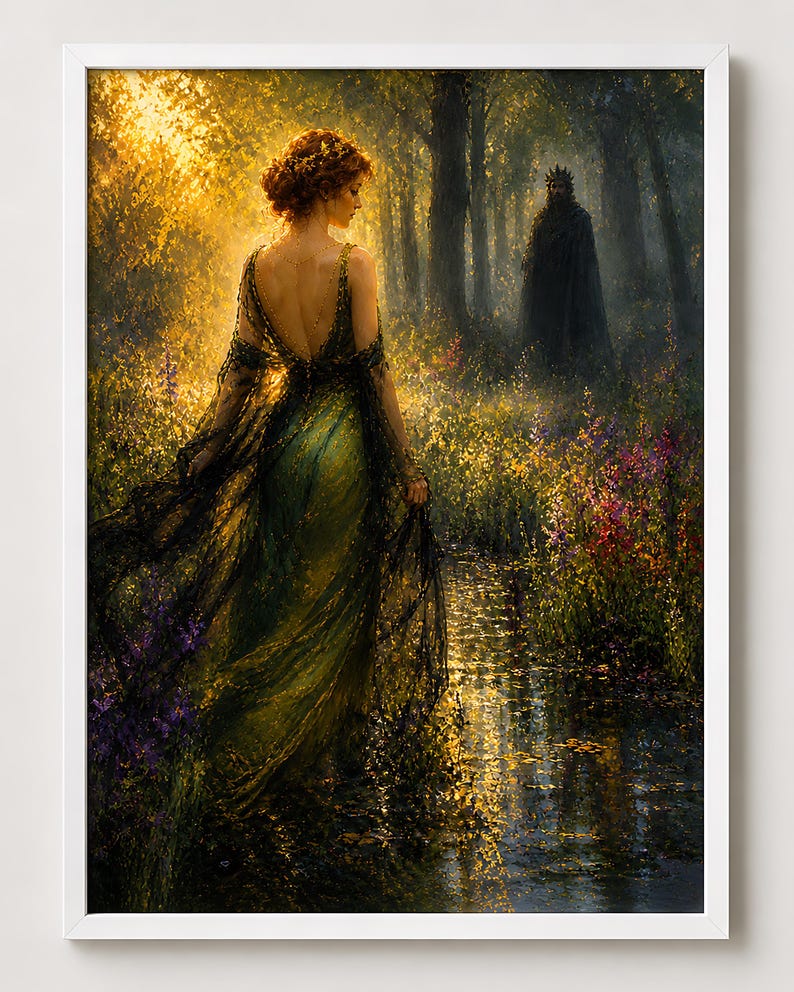 May include: A framed art print depicts a woman in a flowing green gown walking through a sunlit forest. The artwork features a dark figure in the background, with a stream and colorful flowers in the foreground. The style is reminiscent of a painting.