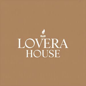 May include: A logo on a brown background. The logo features the words "LOVERA HOUSE" in a serif font. Above the text is a white graphic of a flame above a horizontal line.
