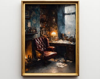 221B Baker Street Oil Painting, Sherlock Holmes Victorian Study Interior, Literary Architecture Wall Decor, Framed Fine Art Gift