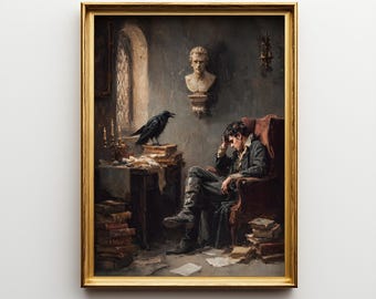 Oljemålningen Korpen, Edgar Allan Poe Gotisk Studiescen, Väggdekoration av Dark Academia, Inramad Konstgåva