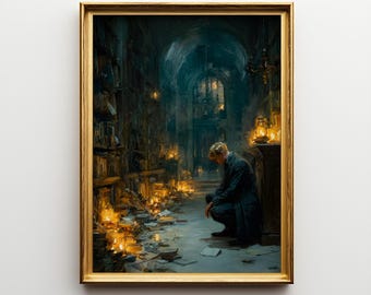 Mystical Underground Library Oil Painting Print, Dark Academia Wall Decor, Romantic Fantasy Interior, Fine Art Poster Gift for Book Lovers