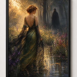 May include: A framed art print depicts a woman in a flowing green gown, walking through a sunlit forest. The artwork features a dark figure in the background, with a crown. The scene is set near a body of water, with colorful flowers.