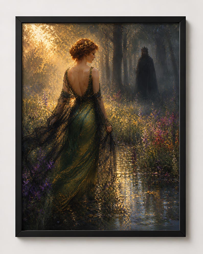 May include: A framed art print depicts a woman in a flowing green gown, walking through a sunlit forest. The artwork features a dark figure in the background, with a crown. The scene is set near a body of water, with colorful flowers.