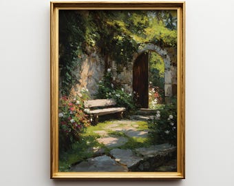 May include: A framed painting of a tranquil garden scene. A wooden bench is positioned beneath a stone wall adorned with foliage and flowers. An arched doorway opens to a sunlit space. The artwork is encased in a gold-coloured frame.