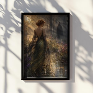 May include: A framed art print depicts a woman in an elegant green gown, walking in a sunlit forest. The artwork features a dark-haired figure in the background, with a stream and colorful flowers. The print is in a black frame.