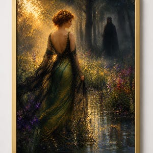 May include: A framed art print depicts a woman in a green gown walking through a sunlit forest. The artwork features a dark figure in the background, with a golden frame. The painting style is reminiscent of classical art.