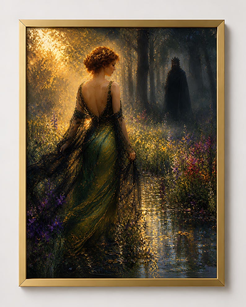 May include: A framed art print depicts a woman in a green gown walking through a sunlit forest. The artwork features a dark figure in the background, with a golden frame. The painting style is reminiscent of classical art.