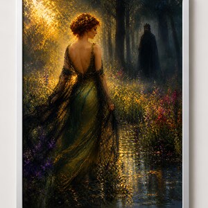 May include: A framed art print depicts a woman in a flowing green gown walking through a sunlit forest. The artwork features a dark figure in the background, with a stream and colorful wildflowers in the foreground. The painting has a romantic, ethereal quality.
