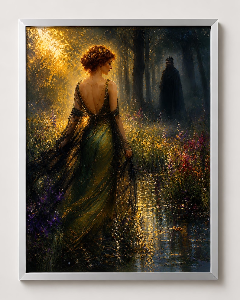 May include: A framed art print depicts a woman in a flowing green gown walking through a sunlit forest. The artwork features a dark figure in the background, with a stream and colorful wildflowers in the foreground. The painting has a romantic, ethereal quality.