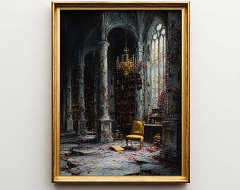 Beauty and the Beast Oil Painting, Candlelit Library Wall Decor, Romantasy Castle Interior, Framed Fine Art Poster, Gift for Book Lovers