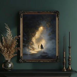 May include: An ornate framed painting depicts two figures walking towards a bright light in a dark, cloudy landscape. The frame is gold, and the painting has a dramatic, ethereal quality. The scene evokes a sense of mystery and adventure.