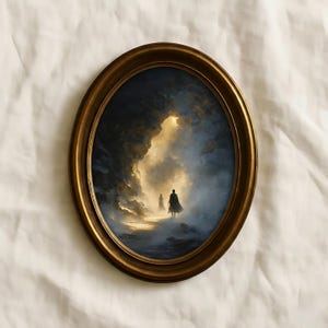May include: An oval-shaped, gold-framed painting depicts two figures walking towards a bright light in a misty, dark landscape. The artwork evokes a sense of mystery and adventure, with a dramatic use of light and shadow.