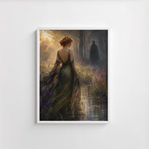 May include: Framed art print of a woman in a flowing green gown walking through a sunlit forest. The artwork features a dark figure in the background and a stream with colorful flowers. The overall theme is fantasy and nature.