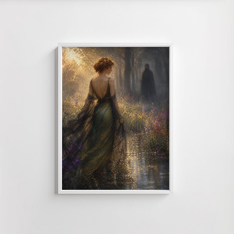 May include: Framed art print of a woman in a flowing green gown walking through a sunlit forest. The artwork features a dark figure in the background and a stream with colorful flowers. The overall theme is fantasy and nature.