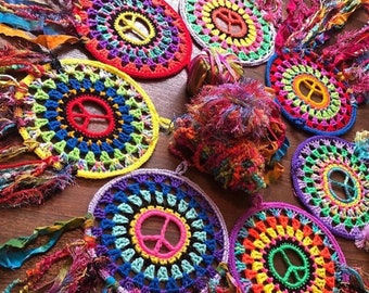 Peacekeeper Mandala Crochet Pattern, crochet wall hanging, crochet home decor, peace sign, hippie