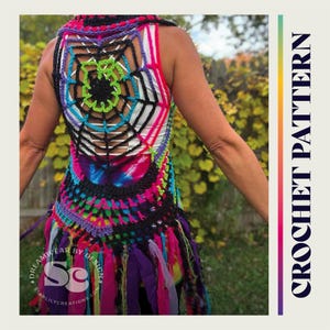 May include: A colourful crochet vest with a spiderweb design on the back. The vest is made with a variety of colours, including black, pink, green, and blue. The vest has a fringe hem and is made with a crochet stitch.