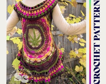 May include: A crochet vest with a marijuana leaf design in the center. The vest is made with a variety of colors, including brown, green, pink, and yellow. The vest has a scalloped hem and a crocheted collar.